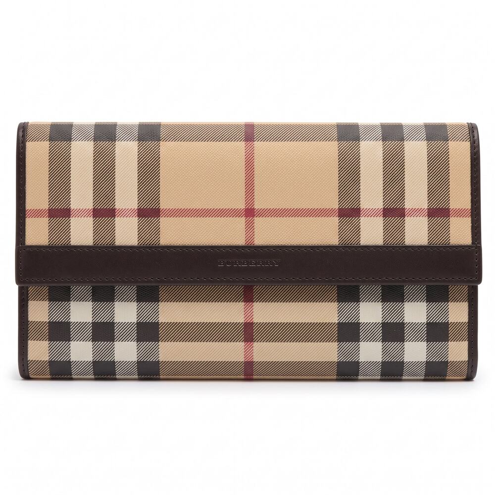 Authentic Burberry Nova Check Continental Long Wallet Black Leather Trim Luxury